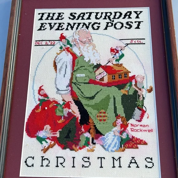 Norman Rockwell The Saturday Evening Post Christmas Handmade Framed Needlepoint